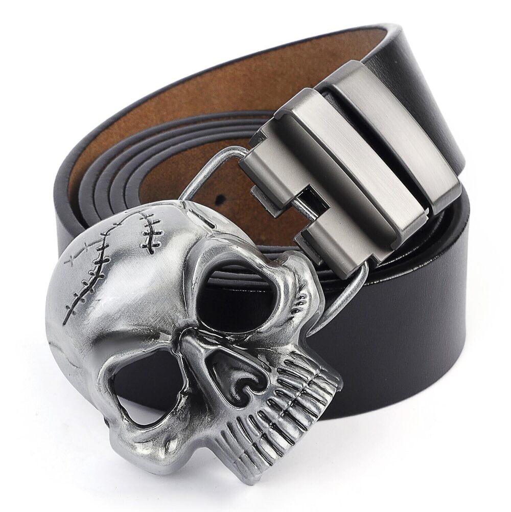 7590 Skull Head Buckle Leather Belt Waist Band, Jeans Decorative Punk Belt